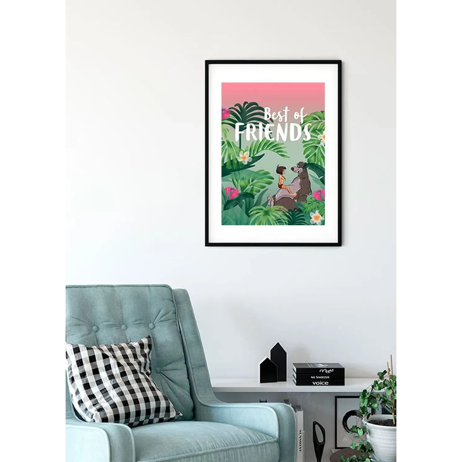 Disney Dschungelbuch Poster, 30x40 cm, grüne Dschungelszene mit Mogli und Balu, im schwarzen Rahmen.