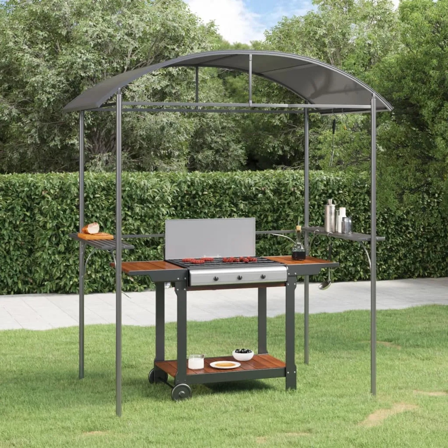 Anthrazit Grillpavillon vidaXL mit Stahlrahmen und Seitenablagen für den Garten.