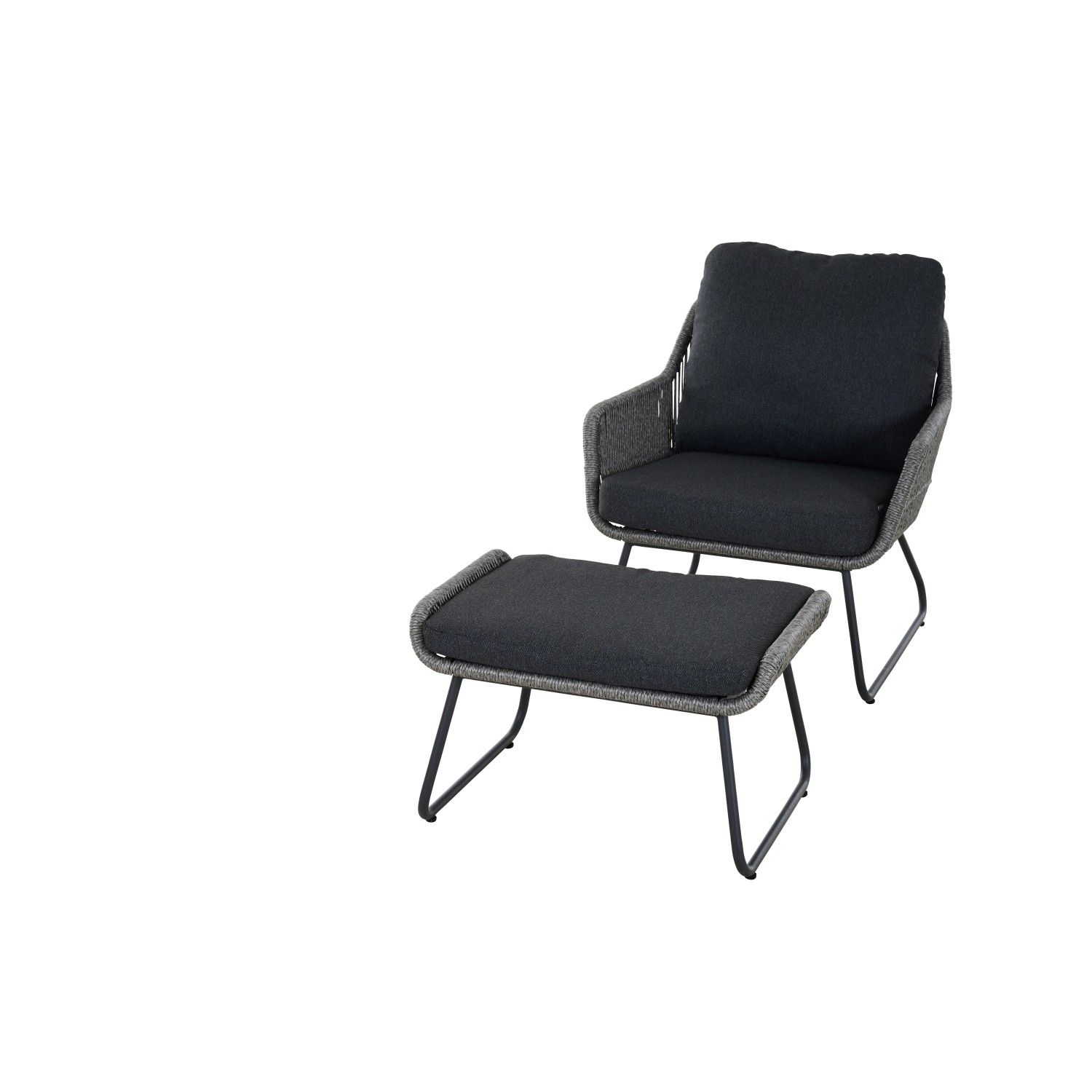 Grauer Siena Garden Loungesessel Kansas mit Fußhocker und Kissen für Garten oder Terrasse.