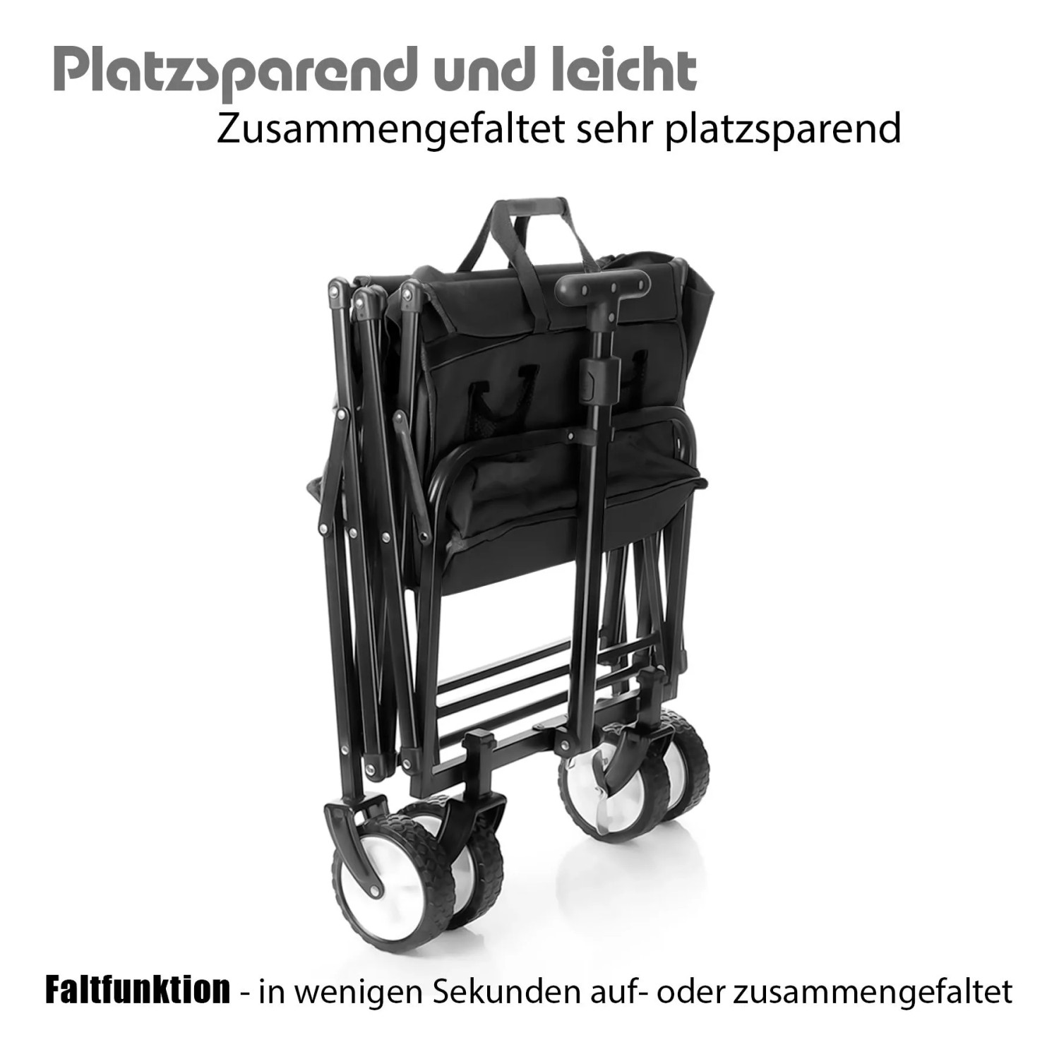 Zusammengeklappter, schwarzer Bollerwagen von BigDean für Camping und Ausflüge.