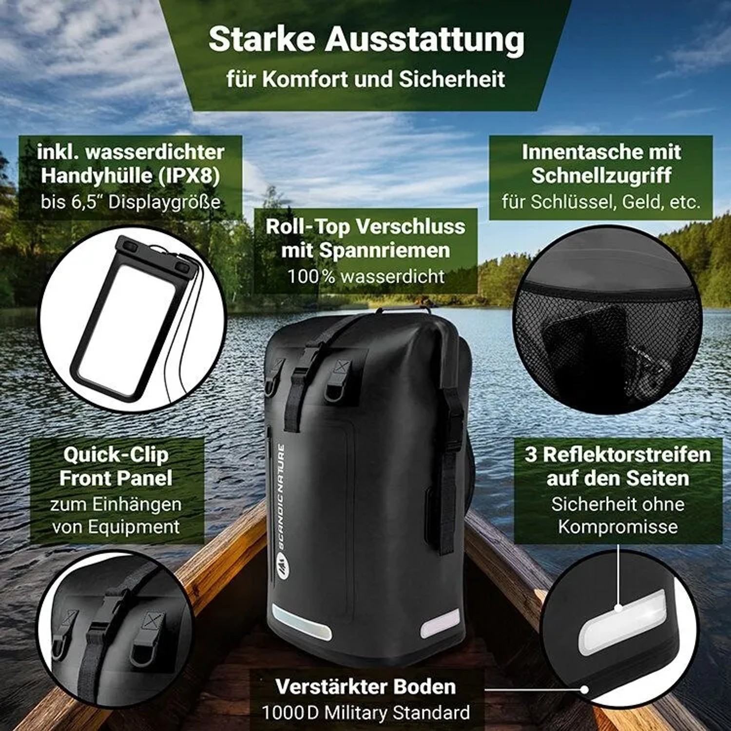 Schwarzer, wasserdichter SCANDIC NATURE Rucksack Pioneer 35L für Outdoor, Reisen und Alltag.