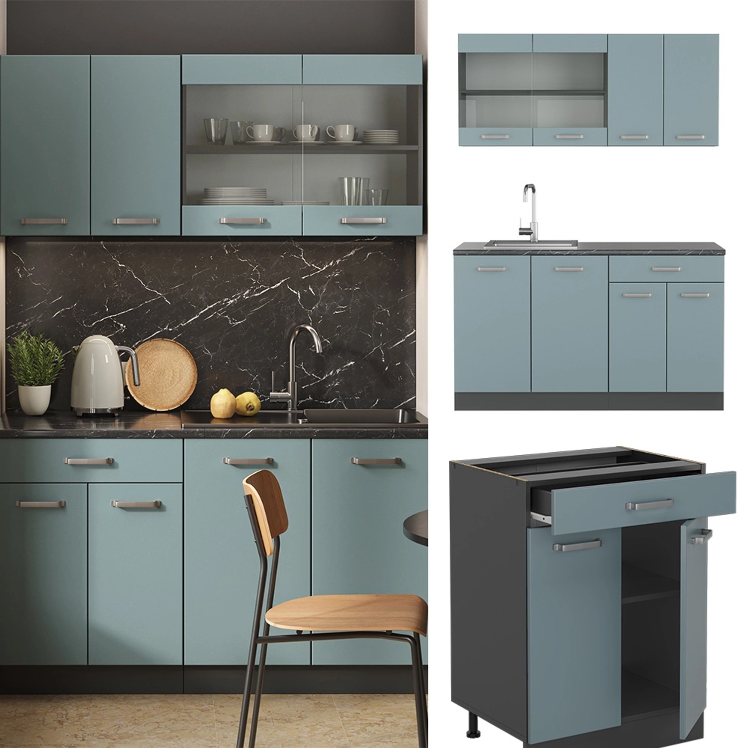 Vicco R-Line Mini-Küche, 140 cm, blau-grau/anthrazit, ohne Arbeitsplatte. Küchenzeile mit Stauraum.