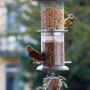 Weiße Dobar Multifunktions-Futtersäule mit Vögeln, gefüllt mit Nüssen, Sämereien und Meisenknödel.