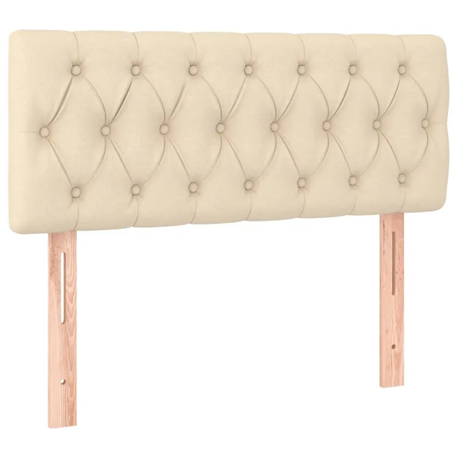 Cremefarbenes Boxspringbett-Kopfteil mit Knopfheftung und Holzfüßen.