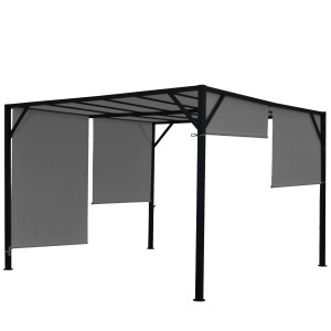 Graue MCW Pergola Beja 4x4m mit stufenlos regulierbarem Schiebedach für Terrasse.