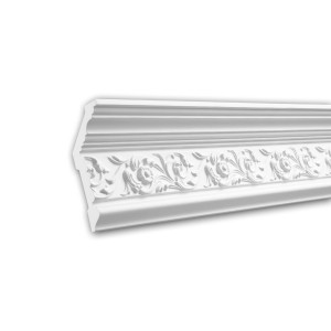 Weiße PROFHOME Eckleiste aus Polyurethan mit floralem Muster, 197 cm lang.