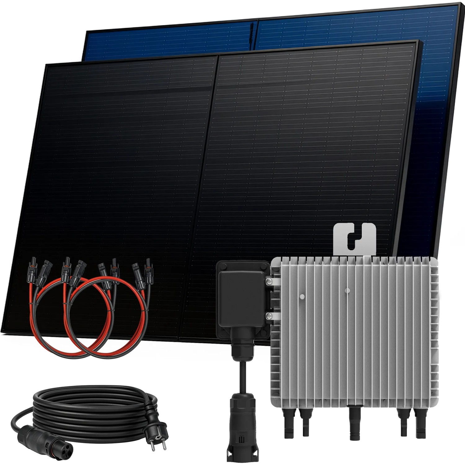 SUNNIVA Balkonkraftwerk 1000 W mit DEYE 800 W Wechselrichter inkl.5m Kabel 2x 500 W Solarmodule Bifazial Fullblack Glas-Glas