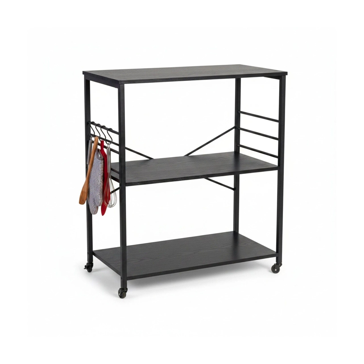 Relaxdays Küchenrollwagen MDF Stahl Schwarz mit Rollen 3 Ebenen 89 cm x 80 cm x 40 cm