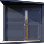 Modernes, anthrazitfarbenes Bertilo Gartenhaus Concept mit Flachdach und Tür mit Glaseinsatz.