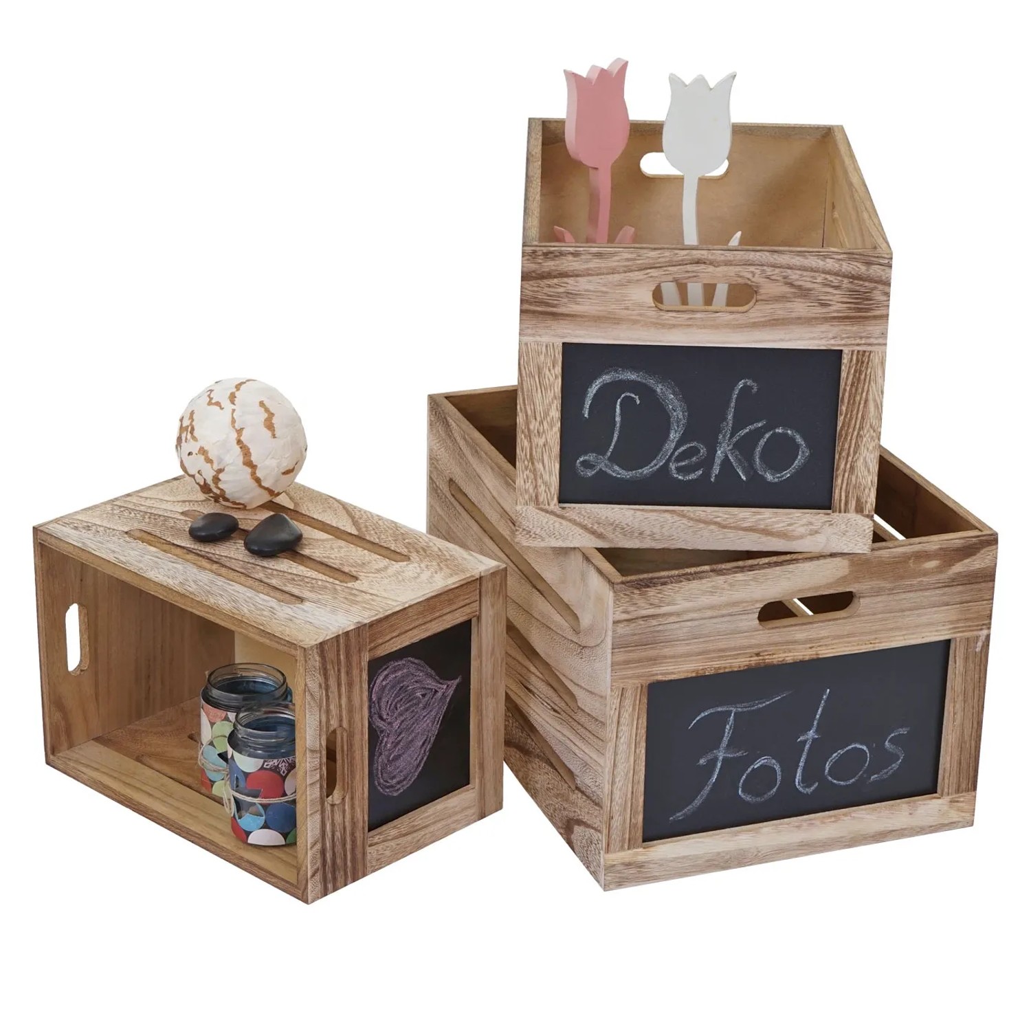 MCW Holzkiste E11 3er-Set, naturbraune Aufbewahrungsboxen mit Tafelfront im Shabby-Look.