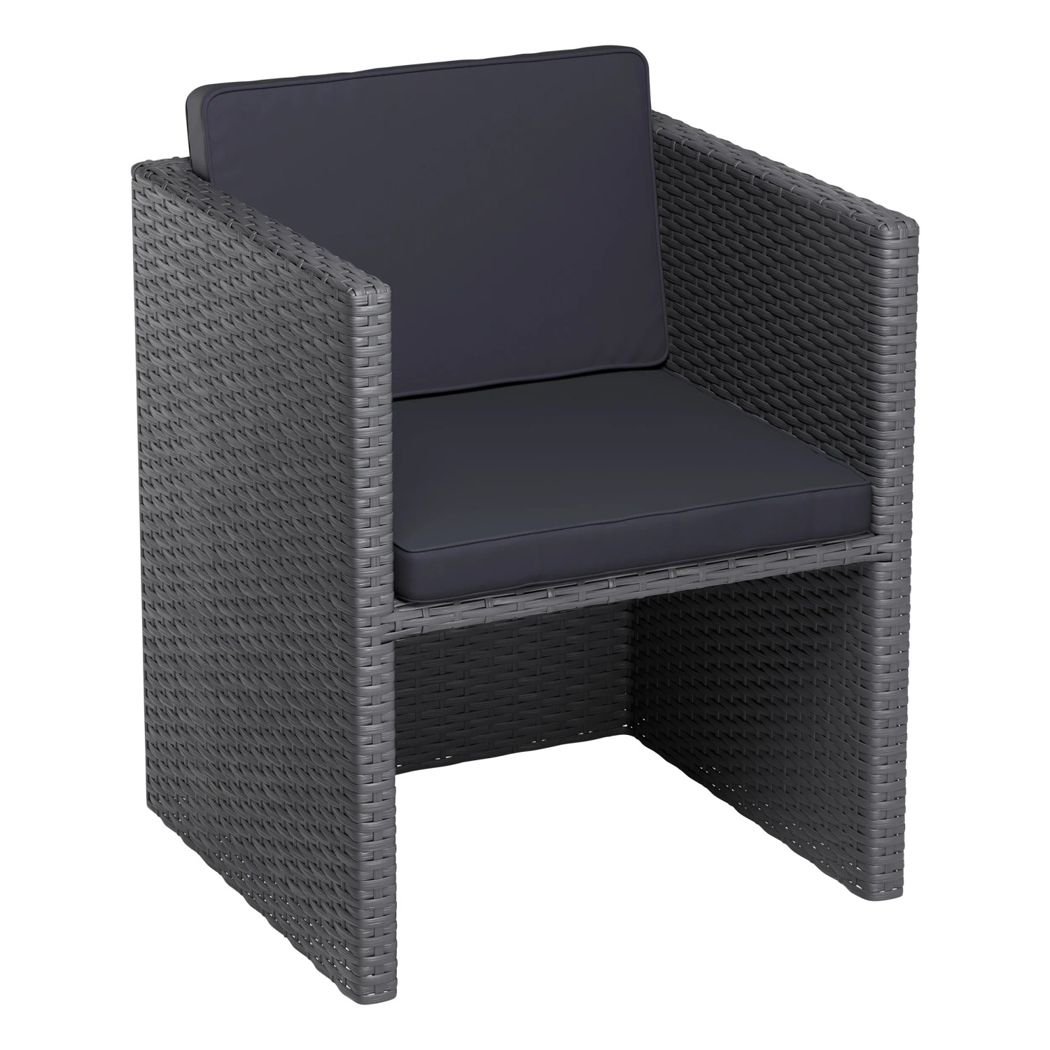 Sessel aus grauem Polyrattan mit anthrazitfarbenen Auflagen, Teil des Balkonmöbel-Sets Hazelton.