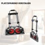 TRUTZHOLM Sackkarre, klappbar und höhenverstellbar, 60 kg Traglast. Grau mit roten Rädern, aufgeklappt und gefaltet.