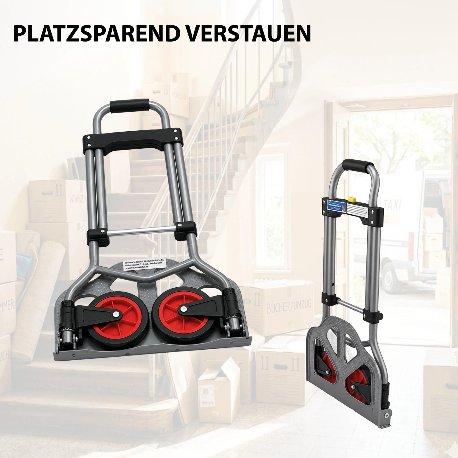 TRUTZHOLM Sackkarre, klappbar und höhenverstellbar, 60 kg Traglast. Grau mit roten Rädern, aufgeklappt und gefaltet.