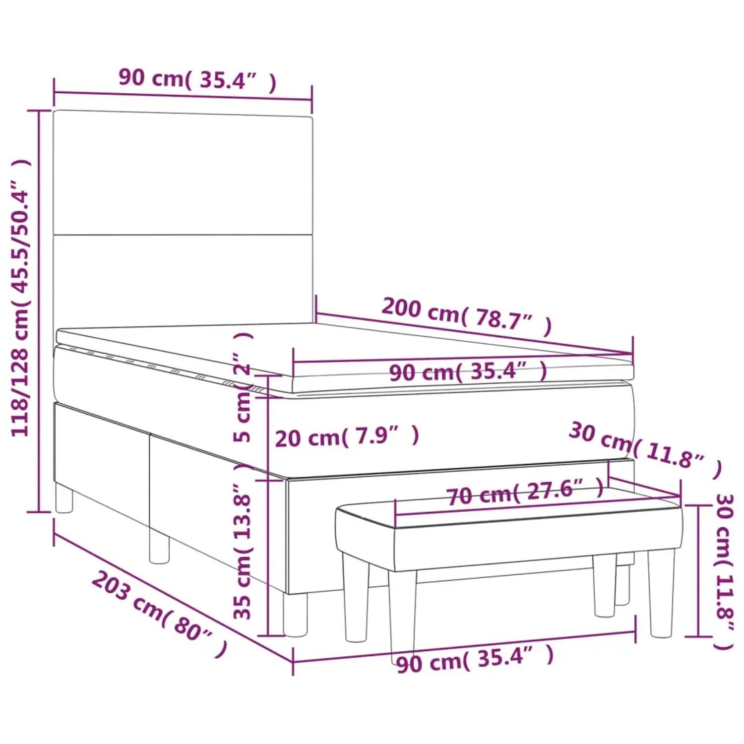 vidaXL Boxspringbett dunkelbraun (90x200 cm) mit Matratze und Bank. Schemazeichnung mit Maßen.