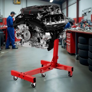 Wiltec Motorständer mit Motorblock, rot, bis 680 kg, mit Lenkrollen in Werkstatt.