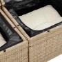 Detailansicht: Beige Poly Rattan Gartenmöbel Set mit Stauraum und Kissen.