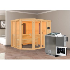 Karibu Infrarotkabine Anka mit Bio-Ofen und Infrarotstrahler, Eckeinstieg, Naturholz.