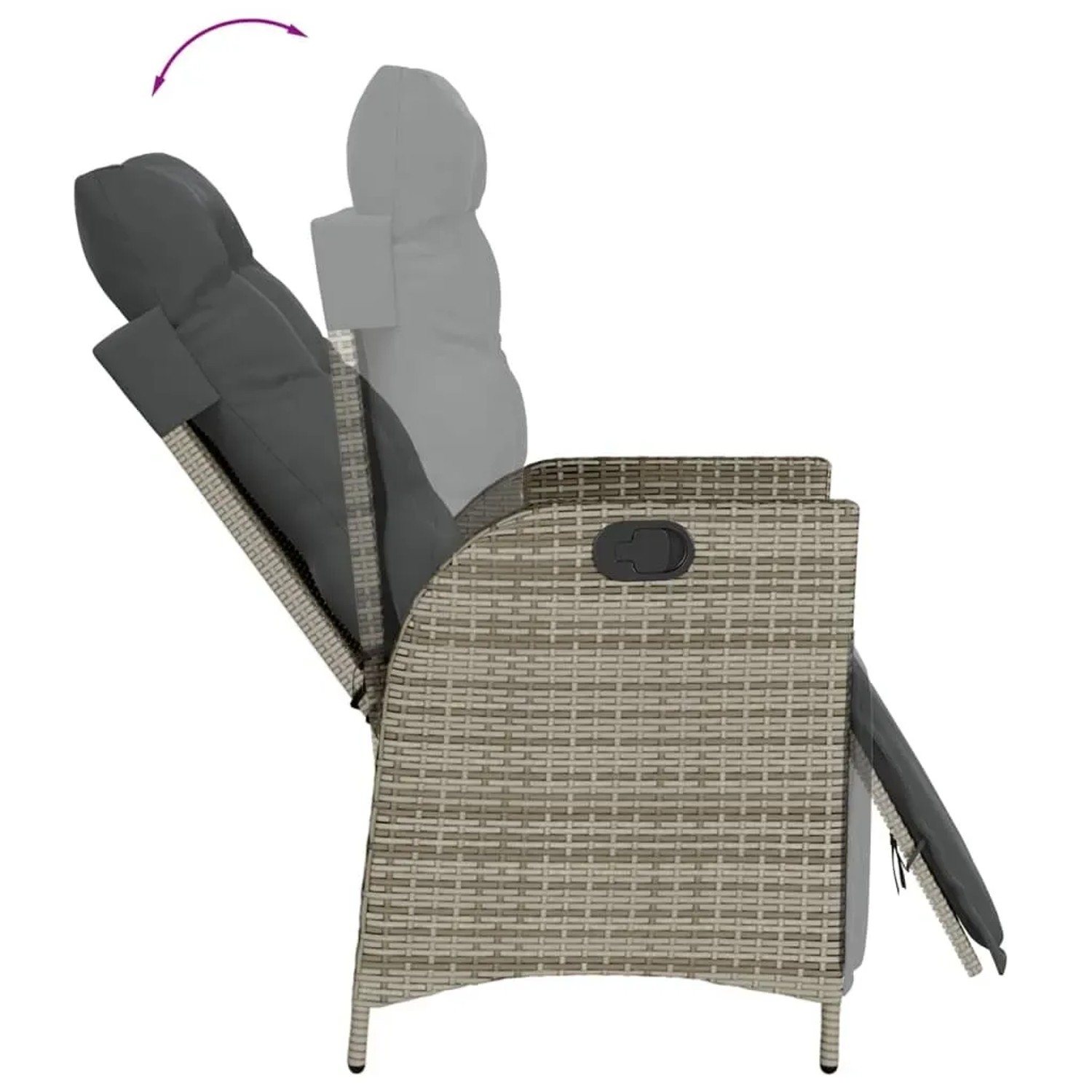 Verstellbarer Gartenstuhl aus grauem Rattan mit Kissen, Teil der vidaXL Garten-Essgruppe.