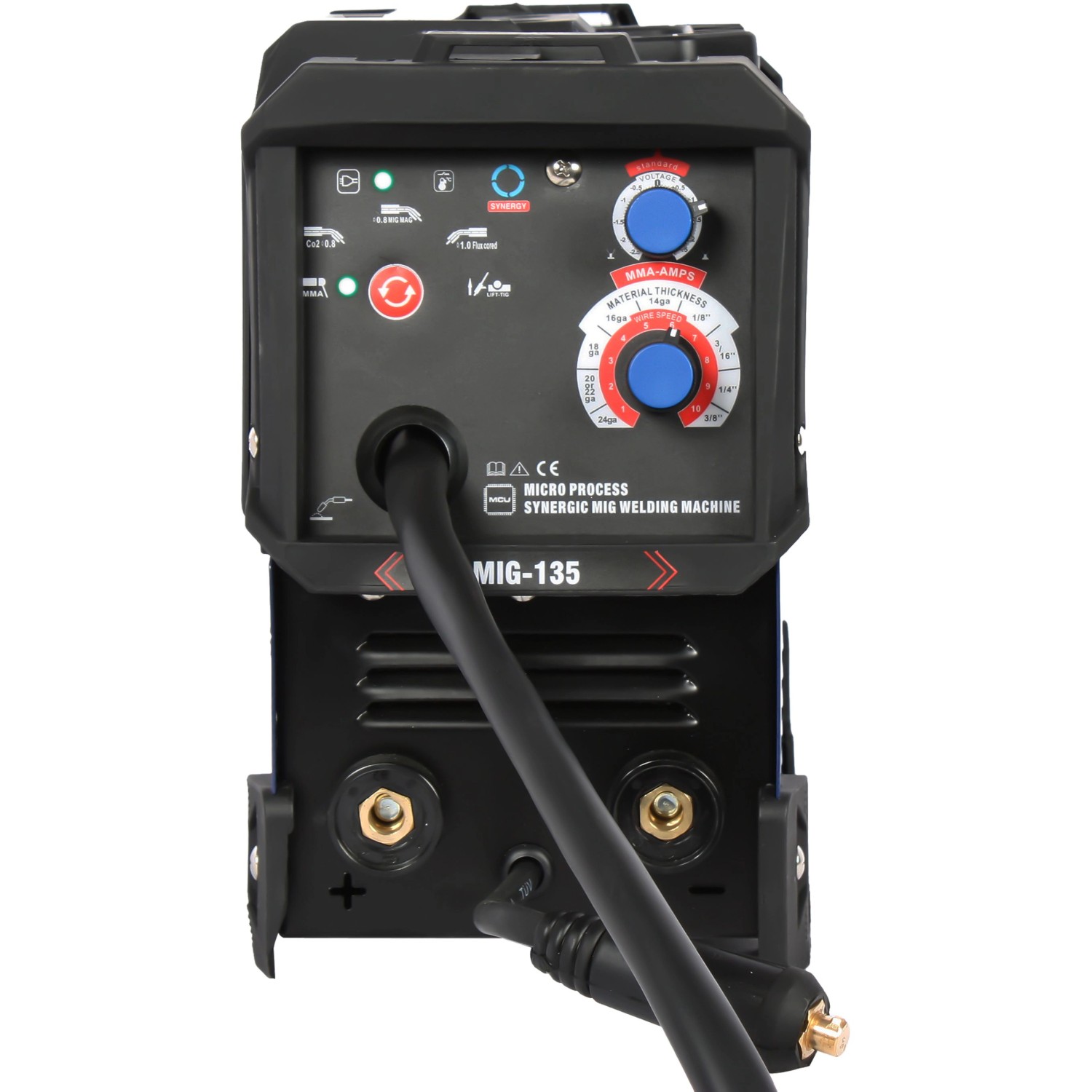 Atrox Mini-MIG 140 Schweißgerät 5in1, Detailansicht der Rückseite mit Bedienelementen.