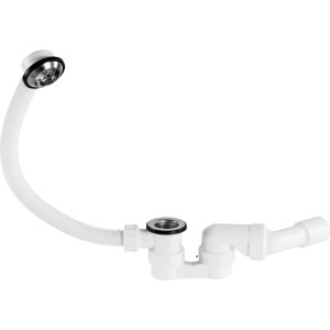 Weiße Excentergarnitur (44,8 mm) für Badewannen, flexibler Ablauf und Überlauf.