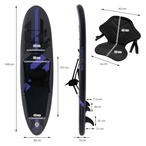 ECD Germany SUP Board mit Sitz, 320x82x15 cm, schwarz. Aufblasbares Stand Up Paddle Board für Wassersport.