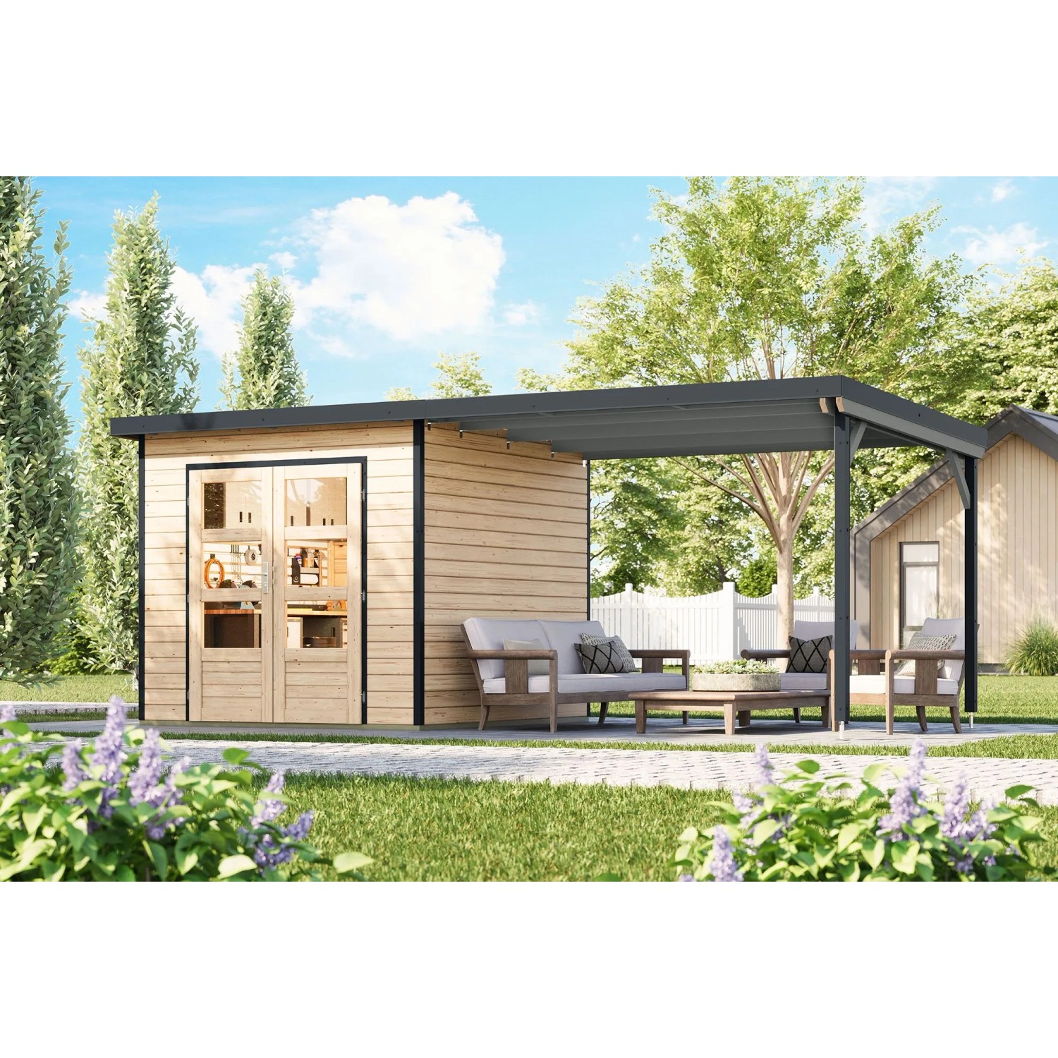 Karibu Gartenhaus Domingo 3 A mit Verlängerung Natur-Anthrazit