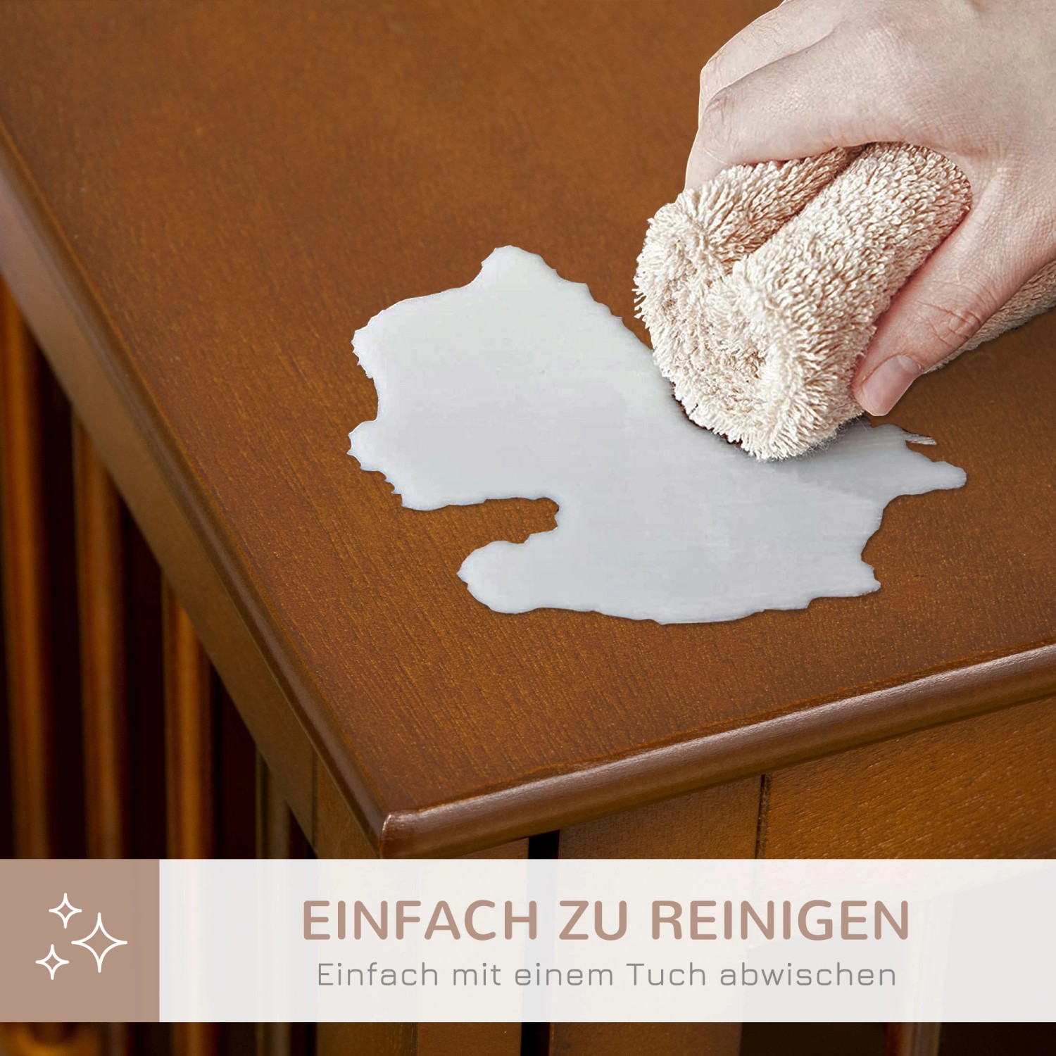 Reinigung des braunen PawHut Hundekäfigs mit Tuch. Einfache Pflege des Hundezwingers.