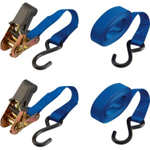 Zweiteiliges Zurrgurt-Set mit Ratsche, 2,5 cm x 500 cm, blau, für sicheren Transport von Ladung.
