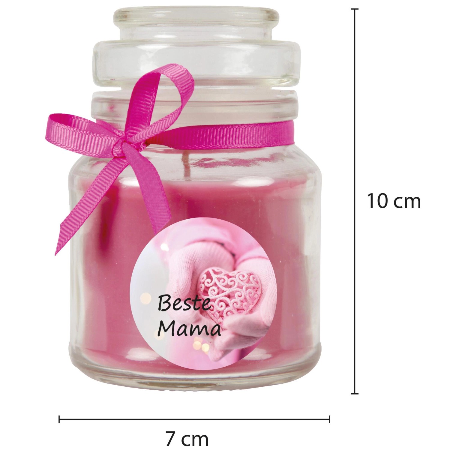 Lila Duftkerze im Glas mit Schleife und "Beste Mama" Aufdruck, ideal zum Muttertag.