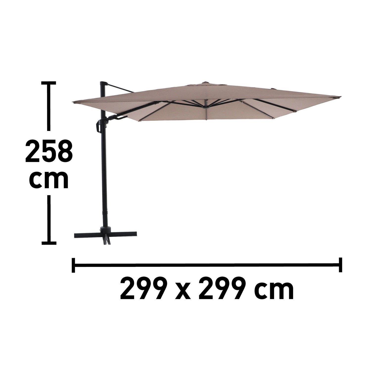 Beiger Ampelschirm Bonbeach 299 cm mit Kurbel und Maßangaben für Höhe und Spannweite.