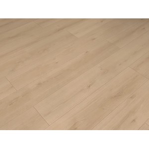 Heller Laminatboden Excellent Eiche Evoke Crystal mit Holzstruktur und V-Fuge.