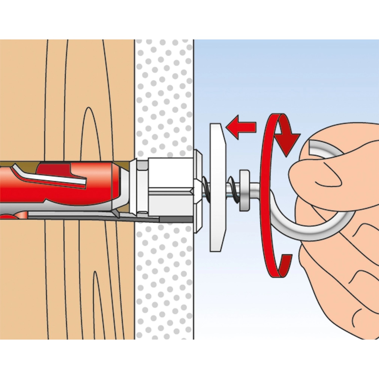 Illustration: Fischer Duotec Kippdübel 10 S PH mit Schraube in Anwendung.