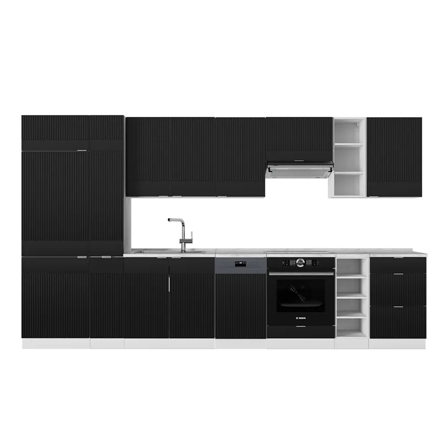 Vicco Fame-Line Küchenzeile Schwarz gestreift/Weiß 355 cm AP Marmor ohne E-Geräte