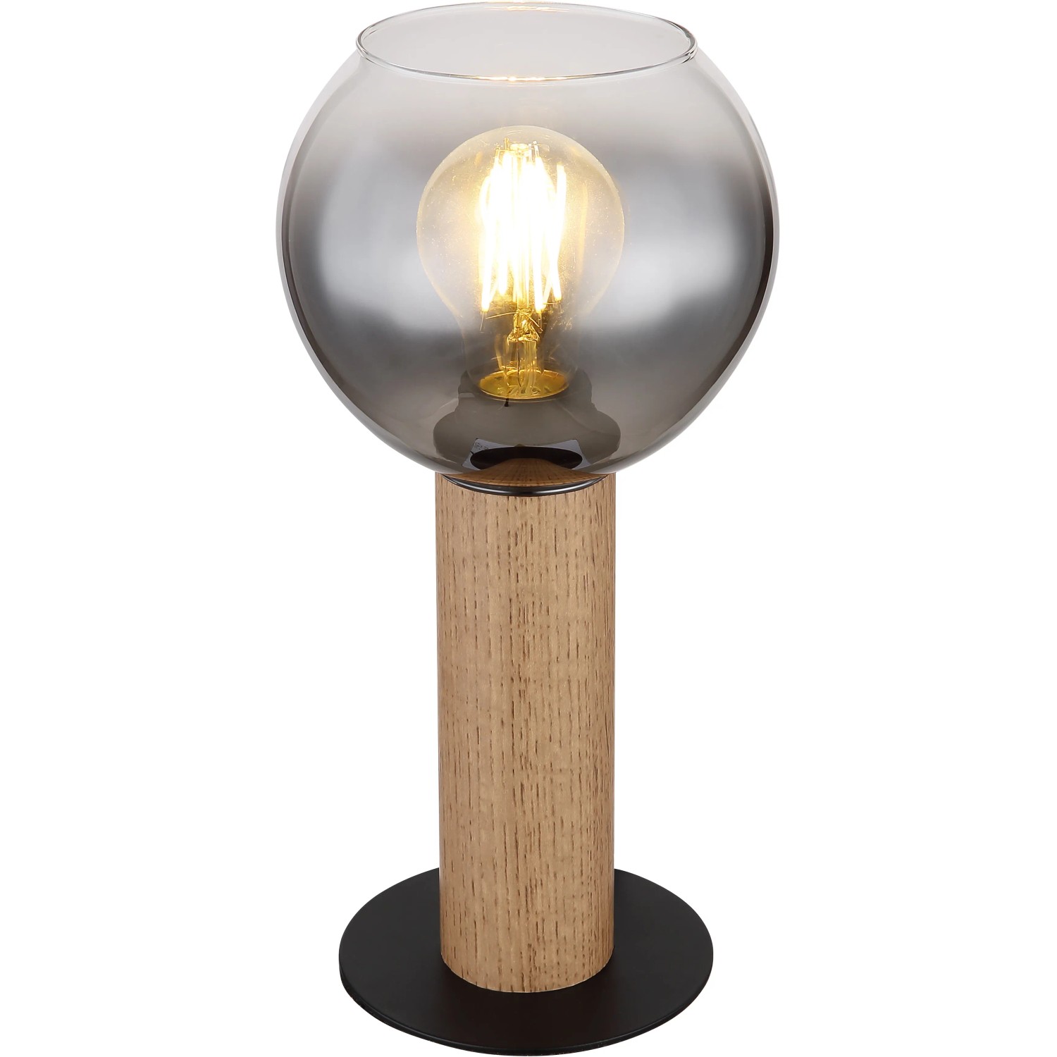 Globo Tischlampe Moitas, 1-flammig, schwarz-matt, Rauchglas, Holzoptik, modernes Design.