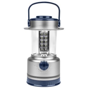 Calima LED Campinglaterne, silberfarben mit blauem Griff. Ideal für Camping & Freizeit.