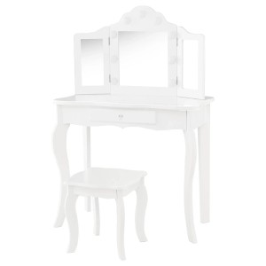 Costway 2 In 1 Kinder Schminktisch mit Led & Klappbarem Spiegel Weiß