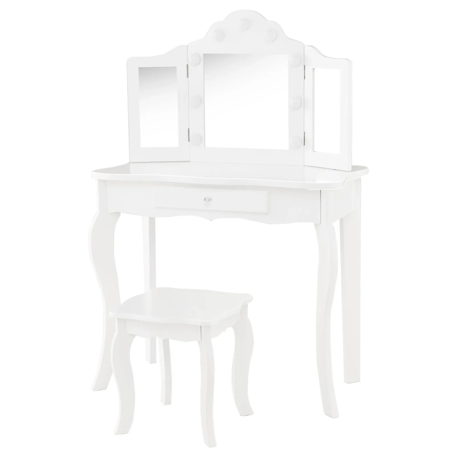 Costway 2 In 1 Kinder Schminktisch mit Led & Klappbarem Spiegel Weiß günstig online kaufen