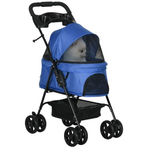 Blauer PawHut Hundewagen mit Becherhalter und Klappfunktion für Kleintiere.