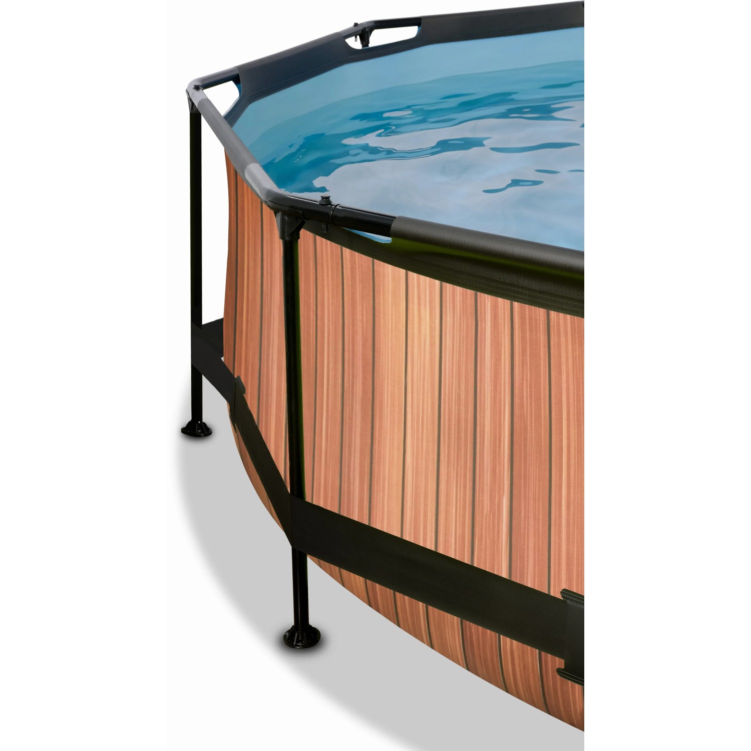 Detailansicht: Runder EXIT Wood Pool Ø300cm mit Holzoptik und schwarzem Stahlrahmen.