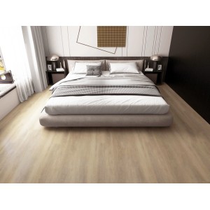 Heller Click-Vinylboden Aurora Oak Breitdiele Town im Schlafzimmer verlegt.