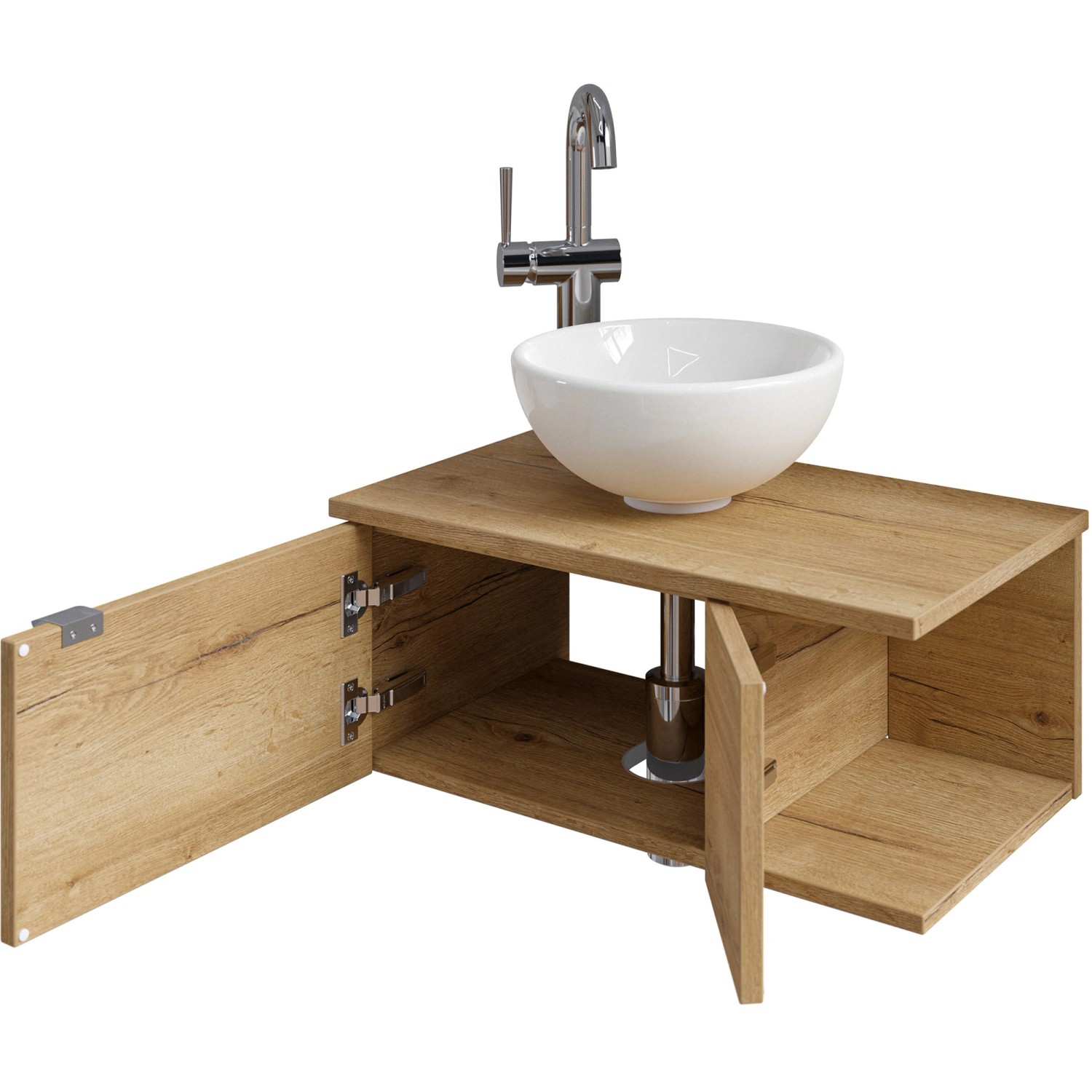 Pelipal Einzelwaschtisch Serie 6915, 61 cm, Eiche, mit weißem Aufsatzwaschbecken und geöffneter Tür.