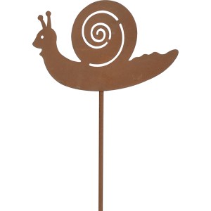 Rostfarbener Gartenstecker Schnecke, 85 cm hoch, aus Metall für Beet und Kübel.
