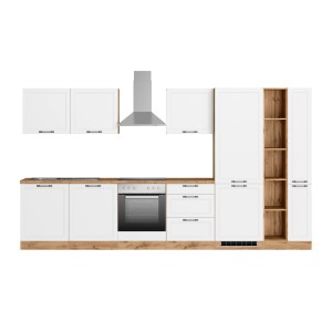 Küchenzeile Kempten 360 cm in Wotan Eiche/Weiß mit E-Geräten wie Herd, Spüle und Dunstabzugshaube.