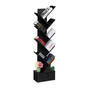 Relaxdays Bücherregal Baumform Spanplatte Schwarz Mit Schublade 146 cm x 38 cm x 22 cm 11 kg
