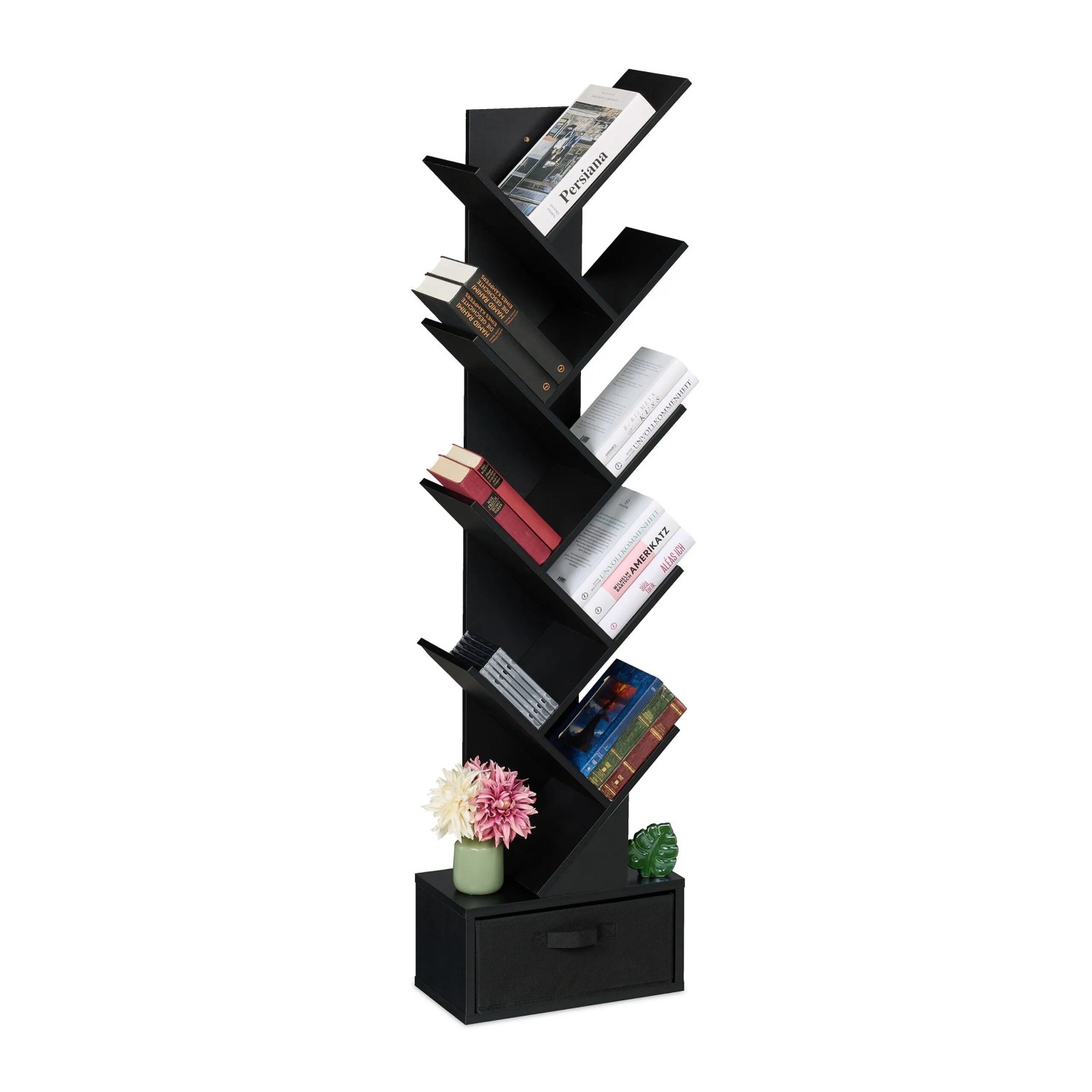 Relaxdays Bücherregal Baumform Spanplatte Schwarz Mit Schublade 146 cm x 38 cm x 22 cm 11 kg