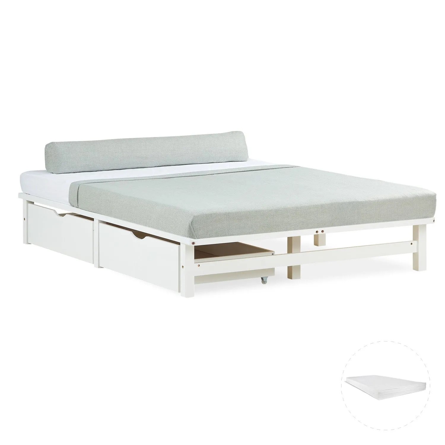 Homestyle4u Holzbett Jugendbett Palettenbett 140x200 mit Matratze 2 Bettkästen Weiß 3042