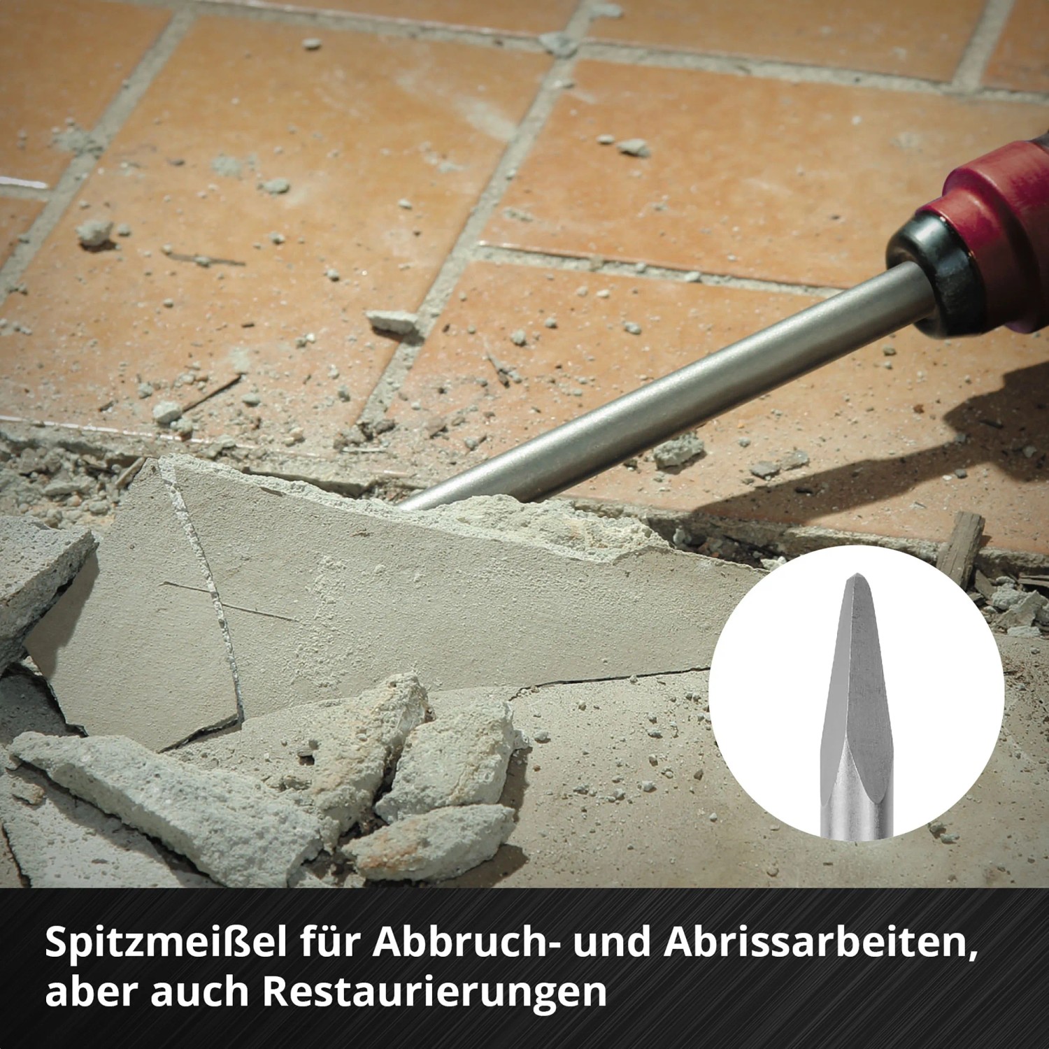Einhell Meißel-Set SDS Max im Einsatz beim Abbruch von Fliesen. Werkzeug-Set für Bohrhämmer.