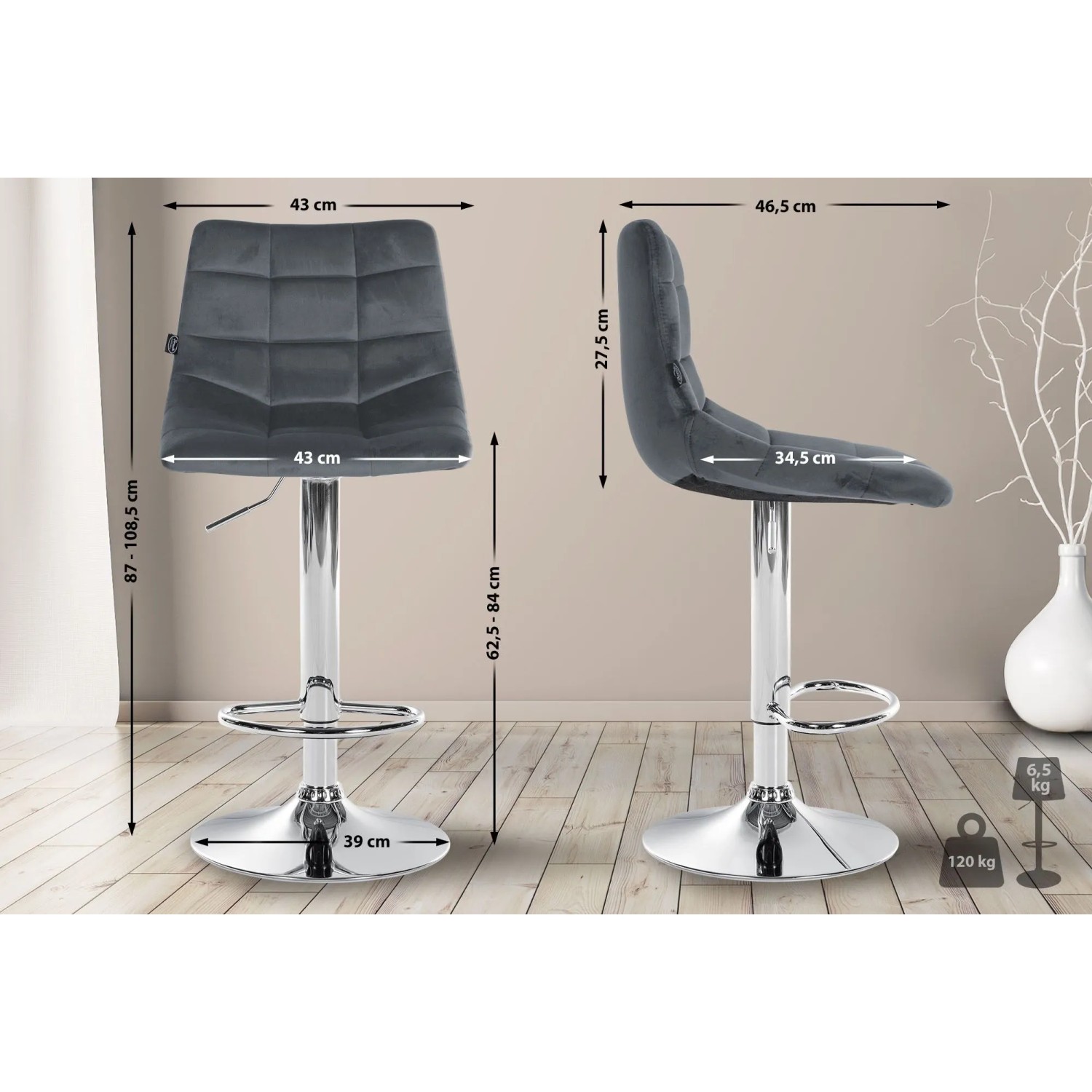 DELUKE Barhocker DUBAI Dunkelgrau Samt Chrom Barstuhl Mit Lehne Tresenhocker Tresenstuhl_5