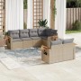 Graue 7-tlg. vidaXL Garten-Sofagarnitur aus Polyrattan mit Kissen und integrierten Tischen.