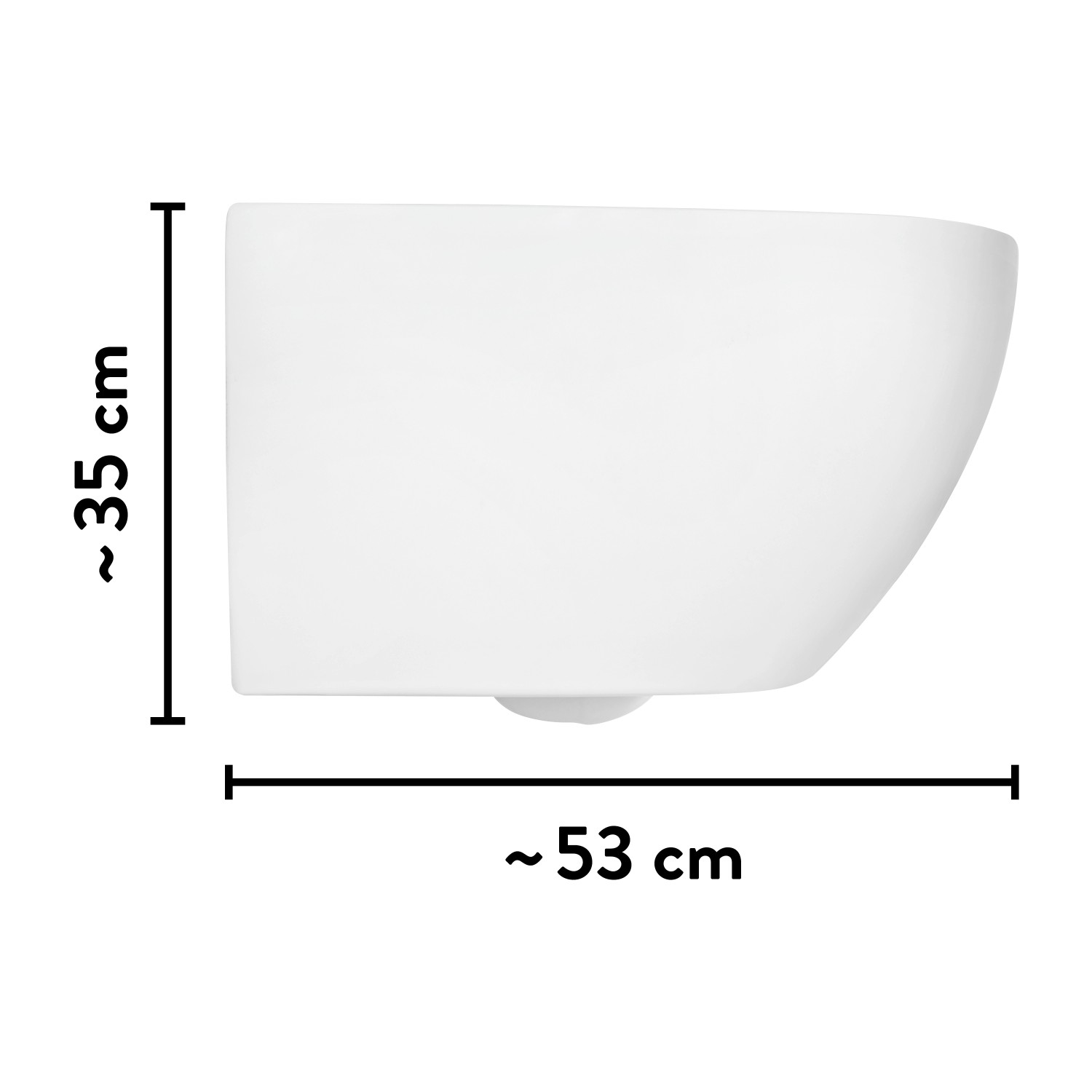 Weißes, spülrandloses baliv Wand-WC Newcastle mit Maßangaben (35x53cm).